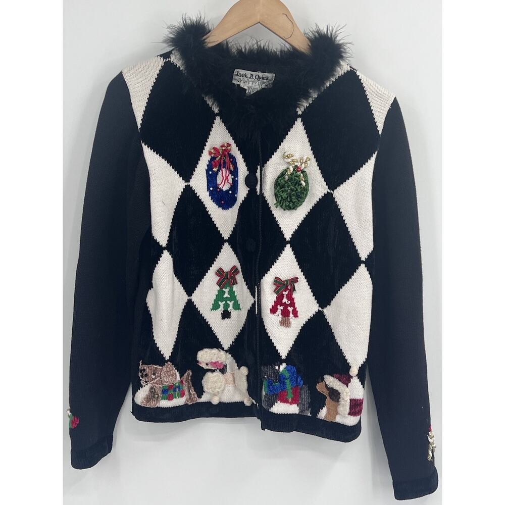 VTG Jack B Quick Dog Theme Ugly Christmas Sweater Small Holiday Cardigan